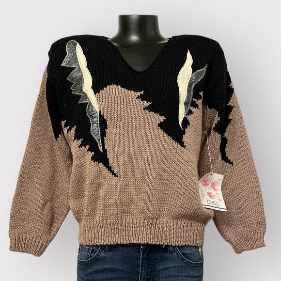 Erika VTG 80s Rockabilly Sweater NEW sz M Abstract Black Knit Preppy Winter Fall - Picture 3 of 9